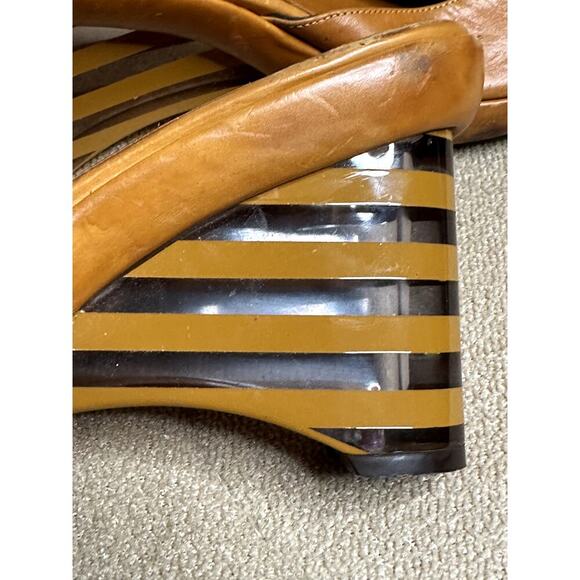 Via Spiga Tan Leather Clear Stripe Plastic Wedge Slide Sandals Size 9 M - Picture 10 of 10